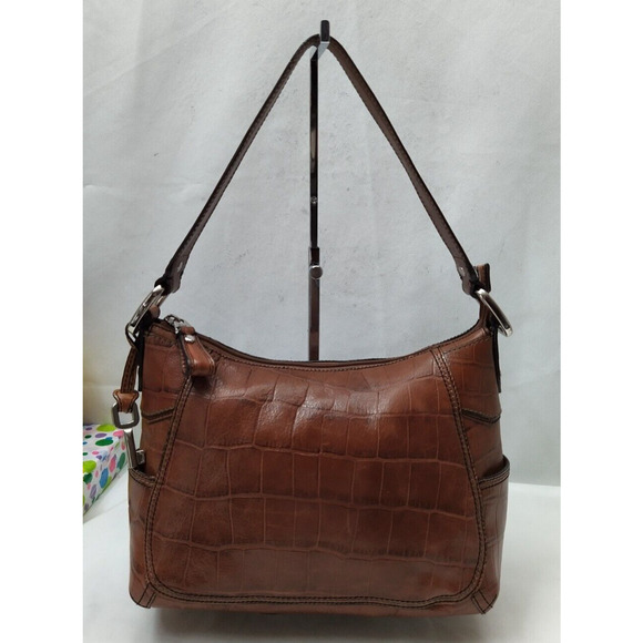 Fossil Brown Leather Crocodile Embossed Zipper Closure Hobo Shoulder Bag - Picture 1 of 16